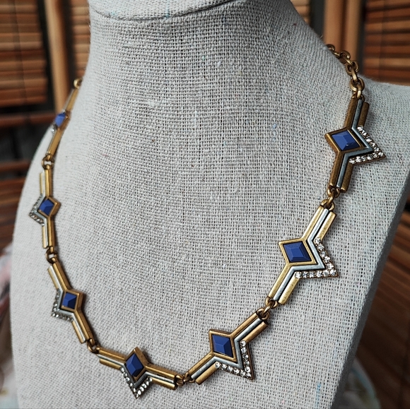 J. Crew Art Deco Revival Oxidized Brass Blue Tone Stone Statement Necklace EUC - Picture 2 of 8
